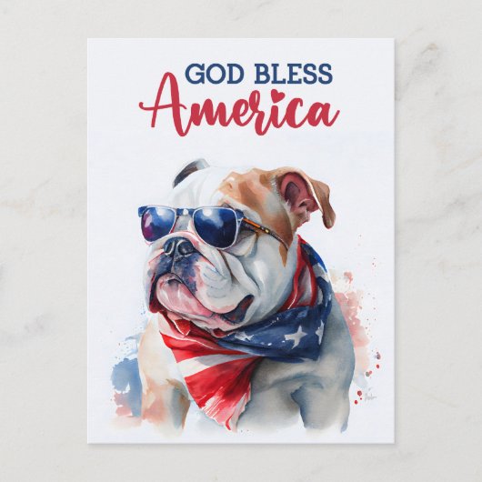 Carte Postale Chien Patriotique-Bouledogue, Dieu Bénisse l'Améri (Devant)