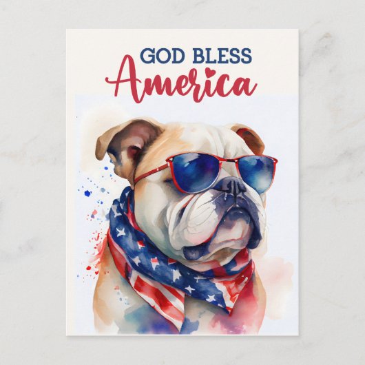 Carte Postale Chien Patriotique-Bouledogue, Dieu bénisse l'Améri (Devant)