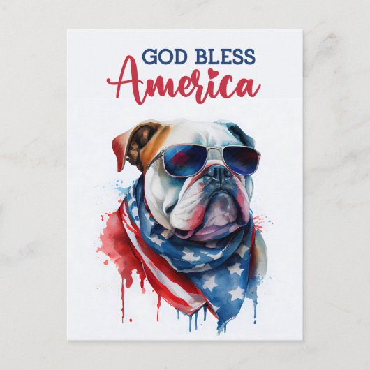 Carte Postale Chien Patriotique-Bouledogue, Dieu Bénisse l'Améri (Devant)