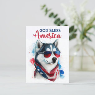 Carte Postale Chien Patriotique-Husky, Dieu Bénisse l'Amérique C