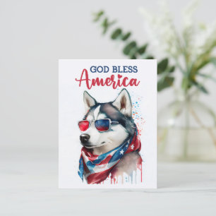 Carte Postale Chien Patriotique-Husky, Dieu Bénisse l'Amérique C