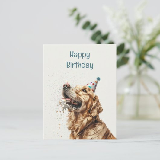Carte Postale Chien Retriever doré de fête d'anniversaire (Debout devant)