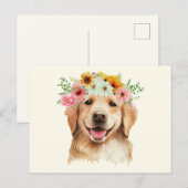 Carte Postale Chien Retriever doré mignon avec des fleurs (Devant / Derrière)