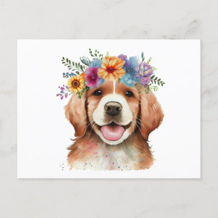 Carte Postale Chien Retriever doré mignon avec des fleurs