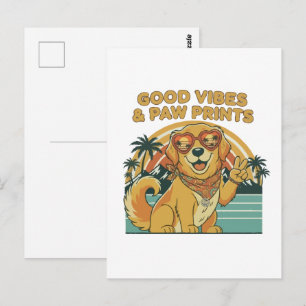 Carte Postale Chien Retriever Doré Rétro Groovy Paix & Amour