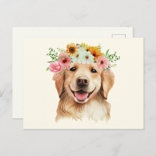 Carte Postale Chien Retriever Golden Mignon avec des Fleurs (Devant / Derrière)