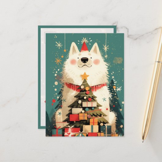 Carte Postale Chien Samoyède mignon avec Noël (Devant/Arrière en situation)
