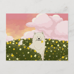 Carte Postale Chien Samoyède Mignon dans un Champ de Fleurs Jaun