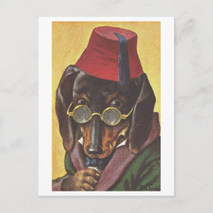 Carte Postale Chien vintage avec Fès et lunettes