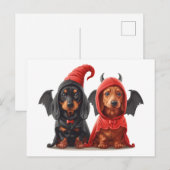 Carte Postale Chiens de Halloween Dachshund Devil Bat (Devant / Derrière)