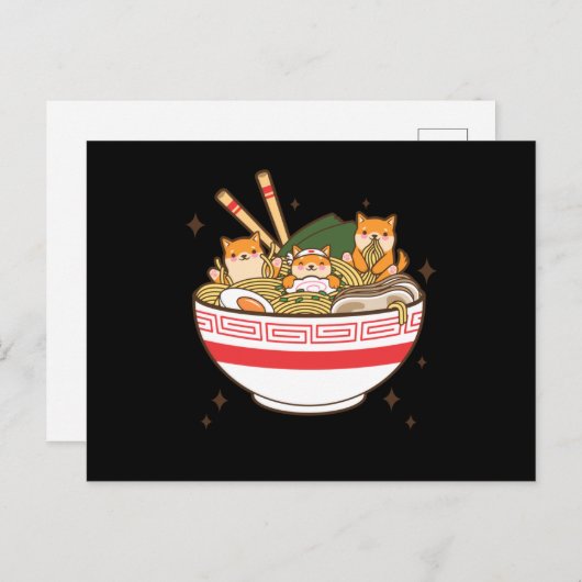Carte Postale Chiens de Kawaii mangeant Ramen (Devant / Derrière)