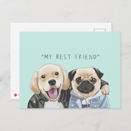 Carte Postale Chiens Golden Retriever & Pug Meilleurs Amis (Devant / Derrière)