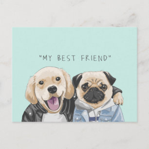 Carte Postale Chiens Golden Retriever & Pug Meilleurs Amis