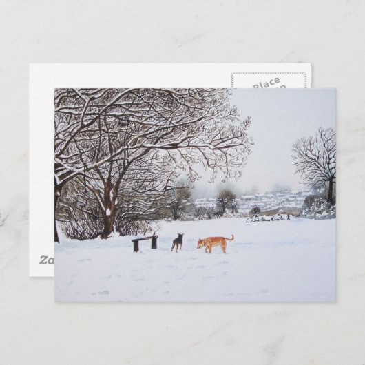 Carte Postale chiens jouant en paysage neigeux à noël (Devant / Derrière)