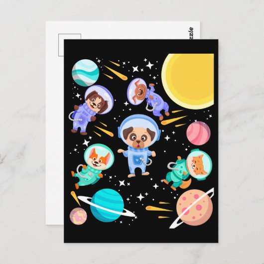 Carte Postale Chiens mignons dans l'espace Astronautes pour anim (Devant / Derrière)