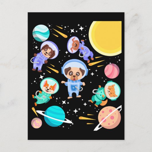 Carte Postale Chiens mignons dans l'espace Astronautes pour anim (Devant)