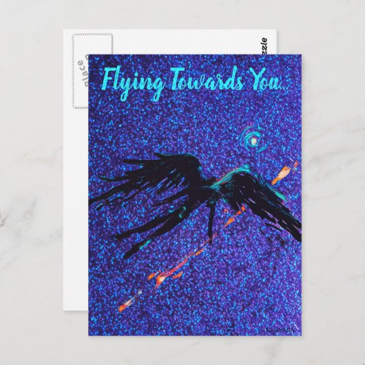 Carte Postale Chiffre à ailes foncées volant à travers l'espace (Devant / Derrière)