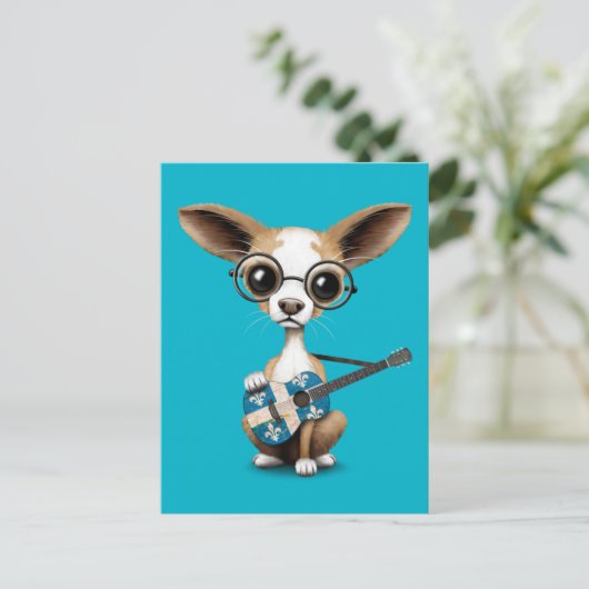 Carte Postale Chihuahua Chiot Jouant Guitare Du Drapeau Du Québe (Debout devant)