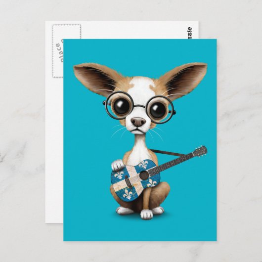 Carte Postale Chihuahua Chiot Jouant Guitare Du Drapeau Du Québe (Devant / Derrière)