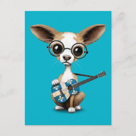 Carte Postale Chihuahua Chiot Jouant Guitare Du Drapeau Du Québe (Devant)