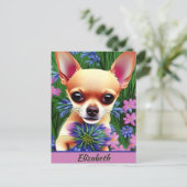 Carte Postale Chihuahua Puppy dans la prairie de fleurs Personna (Debout devant)