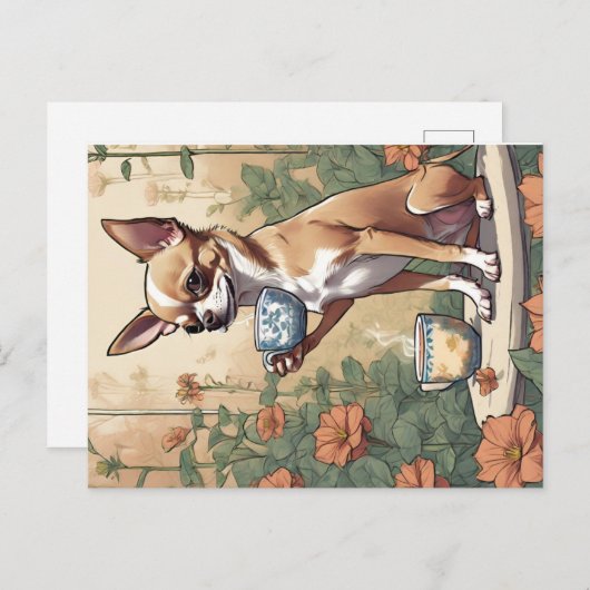 Carte Postale Chihuahua Sipping Thé dans le jardin (Devant / Derrière)