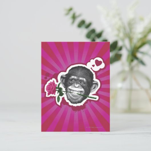 Carte Postale Chimpanzé avec un Rose dans sa bouche (Debout devant)