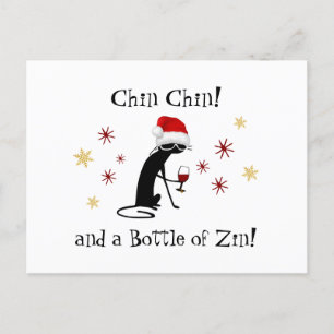 Carte Postale Chin Chin et une bouteille de Zin Funny Vin Chat
