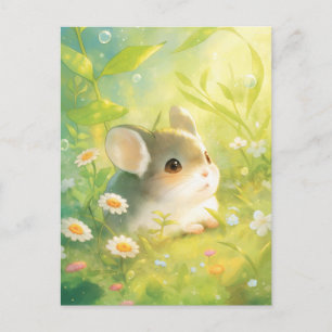 Carte Postale Chinchilla Assis dans une Prairie Verte de Fleurs