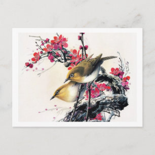 Carte Postale chine cool belle brune oiseau rouge cerisier