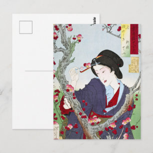Carte Postale Chinoiserie Dame japonaise et fleur de cerisier ro
