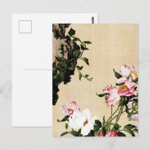 Carte Postale Chinoiserie peinture de pivoine rose et de rocher