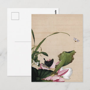 Carte Postale Chinoiserie Vintage Art Lotus et Papillon