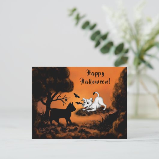 Carte Postale Chiot avec chat et chauve-souris noirs, Happy Hall (Debout devant)