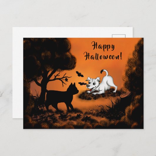 Carte Postale Chiot avec chat et chauve-souris noirs, Happy Hall (Devant / Derrière)