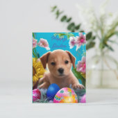 Carte Postale Chiot de Pâques adorable, fleurs et oeufs (Debout devant)