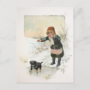 Carte Postale Chiot d'hiver sur glace fine Vintage