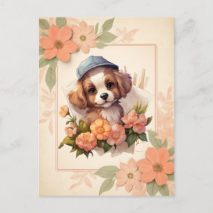 Carte Postale Chiot en aquarelle d'été - Cadre Floral -