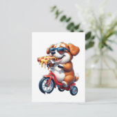Carte Postale chiot faisant du vélo en mangeant de la pizza (Debout devant)