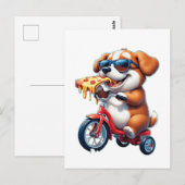 Carte Postale chiot faisant du vélo en mangeant de la pizza (Devant / Derrière)