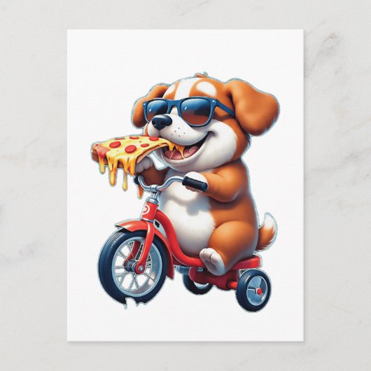 Carte Postale chiot faisant du vélo en mangeant de la pizza (Devant)