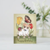Carte Postale Chiot mignon avec papillon, coccinelle et tulipes (Debout devant)