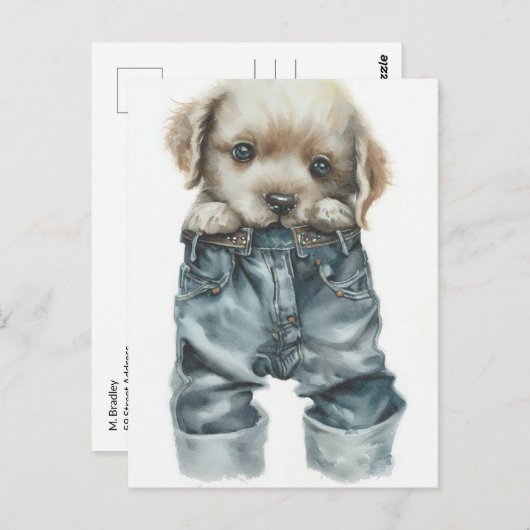 Carte Postale Chiot mignon en Jeans Art (Devant / Derrière)