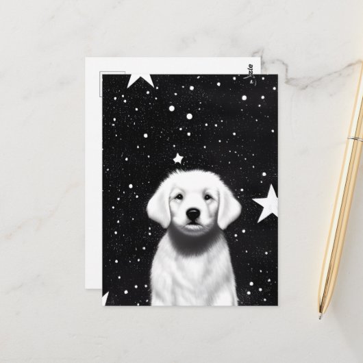 Carte Postale Chiot noir et blanc rétro et grandes étoiles (Devant/Arrière en situation)