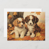 Carte Postale Chiots d'automne et feuilles d'érable, (Devant / Derrière)