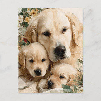 Carte Postale Chiots de la famille Golden Retriever Noël Vintage