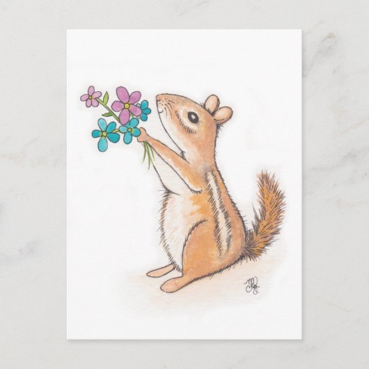 Carte Postale Chipmunk avec bouquet de fleurs (Devant)