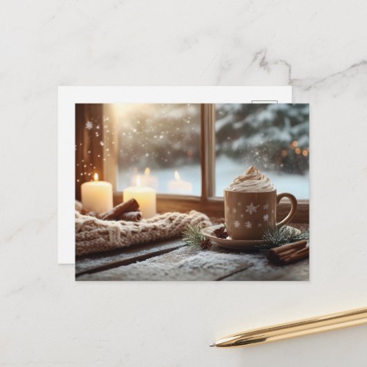 Carte Postale Chocolat Chaud Confortable avec Crème et Bougies H (Devant/Arrière en situation)