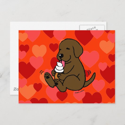 Carte Postale Chocolat Lab Lick Glace Cream avec Coeurs (Devant / Derrière)