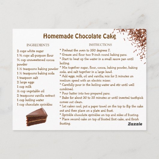 Carte Postale Chocolate Cake Recipe (Dos)